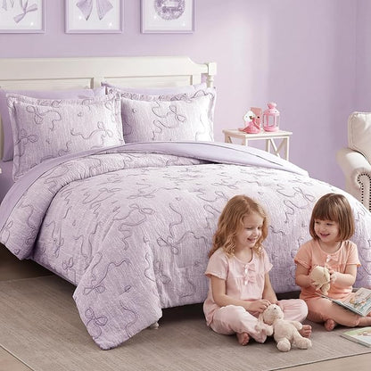 Geniospin Light Purple Full Comforter Set for Girls- 7 Pieces Bowknot Jacquard Bed in A Bag Full Bedding Sets with Sheets, Pillowcases & Shams, All Season Kids Comforter Set