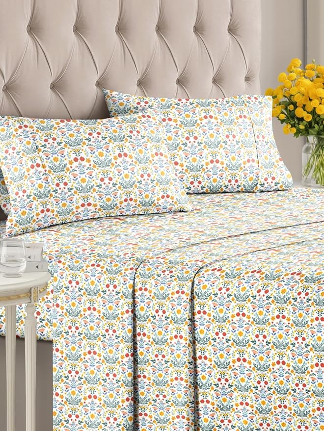 Floral Sheets - Flower Print Bed Sheet Set - 1 Flat, 1 Fitted & 2 Pillowcases w/ Deep Pockets - Comfy, Cozy, Wrinkle & Fade Free - Boho Botanical Bedding - Soft, Breathable & Cooling - Full Size Set