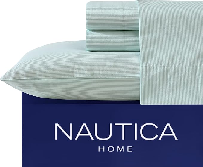 Nautica - Full Sheet Set, Cotton Percale Bedding Set, Crisp & Cool, Lightweight & Breathable (Penny Pinstripe White, Full)