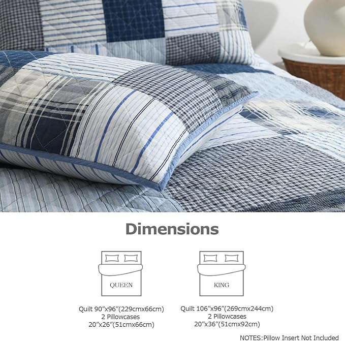 DURLENGEN Blue & Grey Patchwork 100% Cotton Queen Quilt 3Pcs,Patchwork Blue & Grey Pattern on White,Luxury Lightweight Coverlet Sets for All Season(Queen 90x96,Blue & Grey Patchwork)