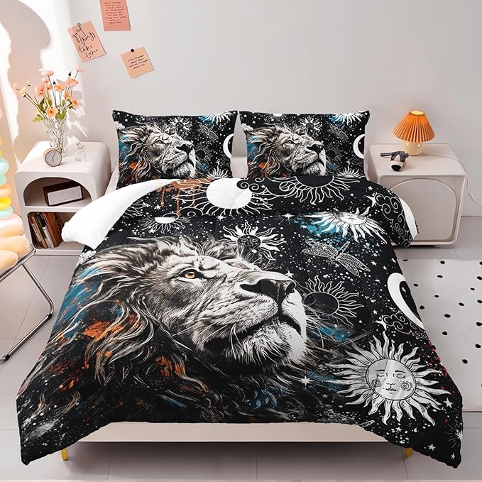 Galaxy Lion Comforter Set Queen Sun and Moon Bedding Sets 3PCS for Kids Teen Adult Room Decor Ultra-Soft Lightweight Microfiber 1 Comforter with 2 Pillowcases
