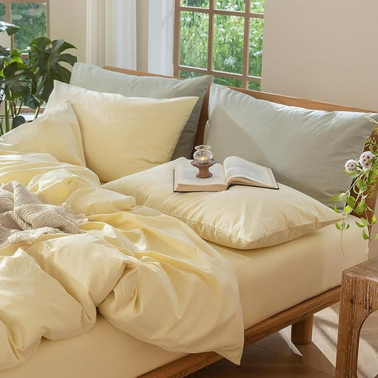 MooMee Bedding Pillowcases Pack of 2 100% Washed Cotton Linen Like Textured Breathable Durable Soft Comfy (Heathered Butter Yellow, Standard)