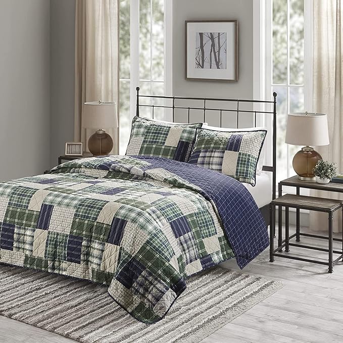 Madison Park Reversible Quilt Cabin Lifestyle Plaid Design - All Season, Breathable Coverlet Bedspread Bedding Set, Matching Shams, Full/Queen(90"x90"), Green/Navy 3 Piece