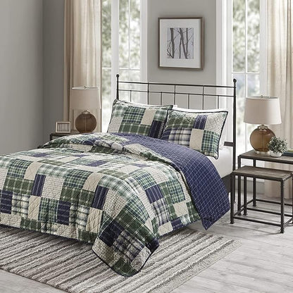 Madison Park Reversible Quilt Cabin Lifestyle Plaid Design - All Season, Breathable Coverlet Bedspread Bedding Set, Matching Shams, Full/Queen(90"x90"), Green/Navy 3 Piece
