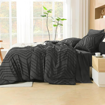Litanika Super King Plus Size Comforter Set with Sheets Dark Grey - 7 Pieces Bed in a Bag Oversized King Boho Tufted Complete Bedding Sets with Comforter, Sheets, Pillowcases & Shams