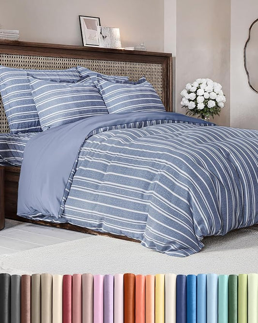 Duvet Cover Full Size Set - Extra Soft Full Duvet Cover 80" x 90" with 2 Pillow Shams - Hotel Luxury, Easy Care & Fade Free with Zipper Closures & Ties - All Season, Comfy & Breathable (Blue Stripes)