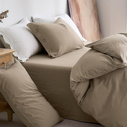 JELLYMONI 100% Washed Cotton Duvet Cover Queen – Soft, Breathable Linen-Look Bedding with Natural Wrinkle Texture, Button Closure, 3-Piece Set (Dusty Khaki, 90"x90")