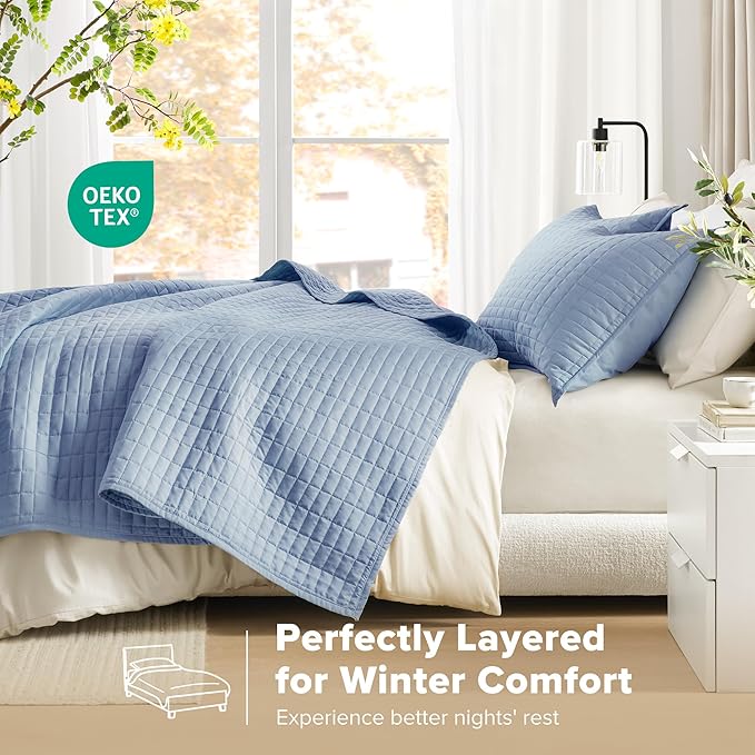 Comfort Spaces Kienna Quilt Set- Double Sided Stitching Design Summer Blanket, Lightweight, Soft, All Season Bedding Layer, Matching Sham, Blue, Coverlet King (104"x90") 3 Piece