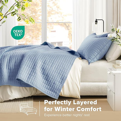Comfort Spaces Kienna Quilt Set- Double Sided Stitching Design Summer Blanket, Lightweight, Soft, All Season Bedding Layer, Matching Sham, Blue, Coverlet King (104"x90") 3 Piece