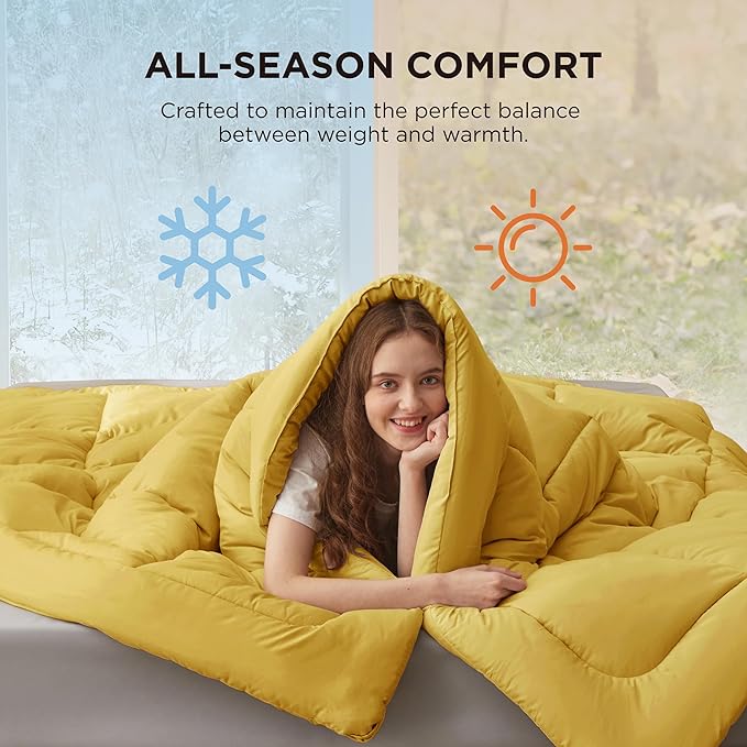 Bedsure Comforter Duvet Insert - Quilted Comforters Twin XL Size, All Season Duvet, GentleSoft Down Alternative Bedding Blanket, with 8 Tabs, Gifts for Women/Men, Mustard Yellow, Twin XL 92x68 Inches