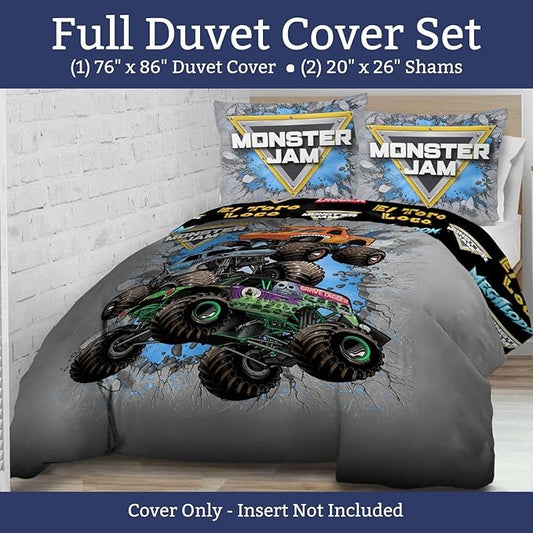 Jay Franco Kids Duvet Cover Set – 3 Piece Super Soft Bedding with Sham Pillowcase, Cover ONLY Comforter Not Included, Grey - Monster Jam, Full