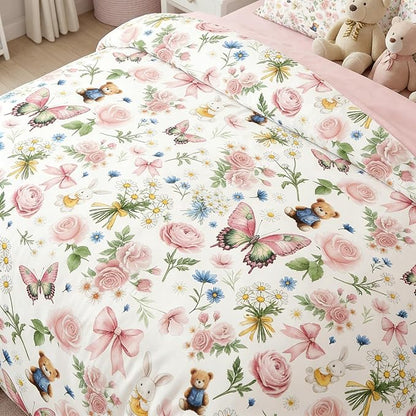 Pink Twin Bed in A Bag for Girls 5Pcs Priness Bow Comforter Set Butterfly Bedding for Kids Kawaii Bedroom Decor, 1 Comforter +2 Pillowcases + 1 Flat Sheet + 1 Fitted Sheet