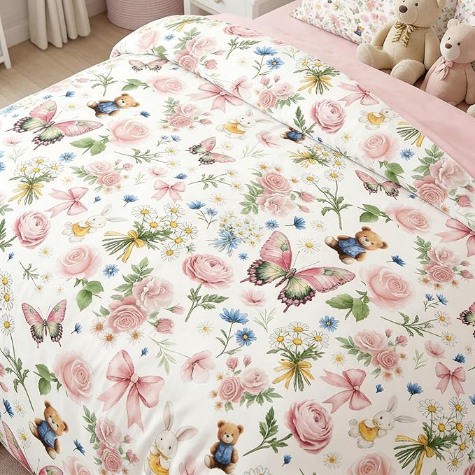 Pink Bow Comforter Set Twin for Girls, 2Pcs Butterfly Bedding for Kids Kawaii Bedroom Decor, Cute Priness Girly Rabbit Bear Comforter Set with 1 Pillowcase, 68"x86"