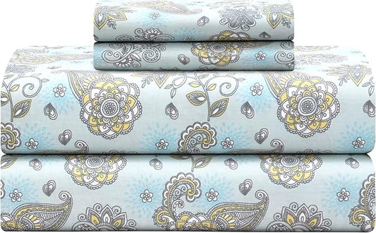 Feather & Stitch Softest 100% Cotton Sheets, 300 Thread Count Percale Weave Bedding, 16" Deep Pocket, Cooling Sheets, Breathable Bed Set, Hotel Premium Quality (Full, Aqua Paisley)