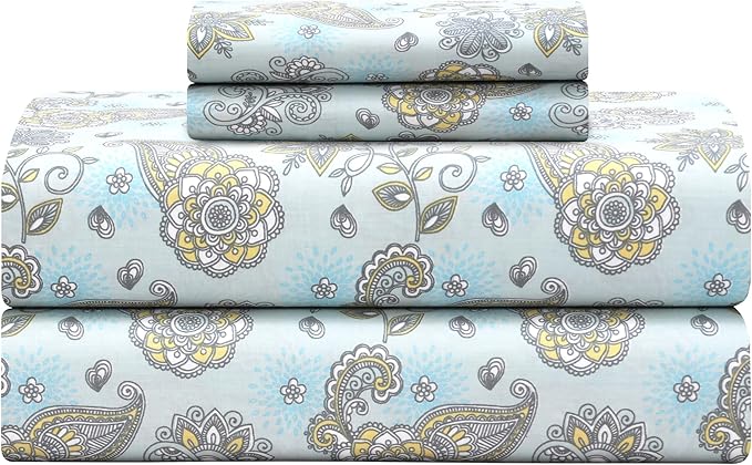 Feather & Stitch Softest 100% Cotton Sheets, 300 Thread Count Percale Weave Bedding, 16" Deep Pocket, Cooling Sheets, Breathable Bed Set, Hotel Premium Quality (King, Aqua Paisley)