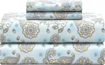 Feather & Stitch Softest 100% Cotton Sheets, 300 Thread Count Percale Weave Bedding, 16" Deep Pocket, Cooling Sheets, Breathable Bed Set, Hotel Premium Quality (King, Aqua Paisley)