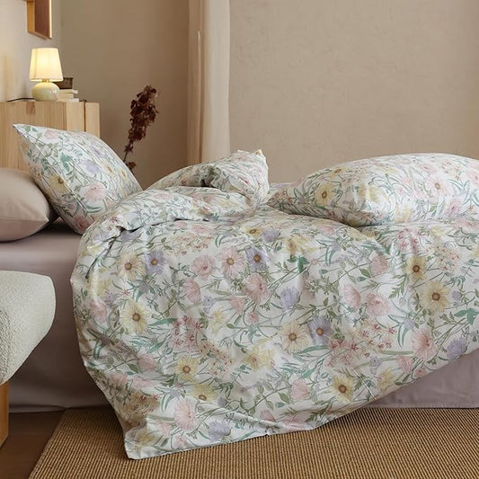 Floral Full Comforter Sets Cotton Fluffy Bedding Set Lightweight Vintage Down Alternative Girly Bedding Comforter Sets Chic 3 Piece Boho Farmhouse Bed Comforter with 2 Pillowcases