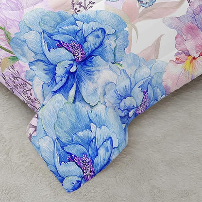Blue and Pink Flower Comforter Set Queen Dragonfly Butterfly Bedding Sets 3PCS for Kids Teen Adult Floral Room Decor Ultra-Soft Lightweight Microfiber 1 Comforter with 2 Pillowcases
