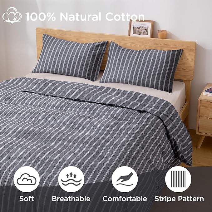 TOCOMOA Striped Duvet Cover Set 100% Natural Cotton Soft Comfy Breathable 3 Piece Grey and White Pattern Printed Comforter Cover Bedding Set (King 104"x90", Comforter Not Included)