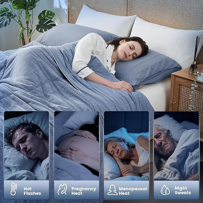 Amélie Home Cooling Comforter Twin Size, Dual-Sided Lightweight Cooling Blanket for Hot Sleepers, Q-Max 0.43 Breathable Cooling Quilt for Night Sweats, 68" x 90", Heather Denim Blue