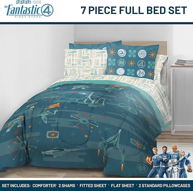 Jay Franco Comforter Set Includes Sheets and Pillow Covers - Soft and Cozy Bed Set for Stylish Room Decor, Blue - The Fantastic Four, 7 Piece Full Size Bedding