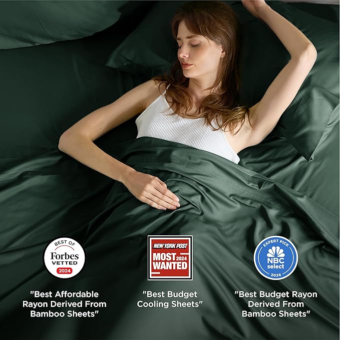 Bedsure Queen Sheet Set, Rayon Derived from Bamboo, Cooling Sheets, PureWoven, Breathable & Soft, Deep Pocket Up to 16 Inches, Hotel Luxury Silky Bedding for Hot Sleepers, Forest Green