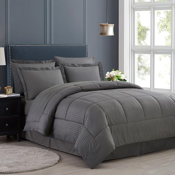 Sweet Home Collection 6 Piece Bed in a Bag with Dobby Stripe Comforter, Sheet Skirt, and Sham Set, Twin, Gray (Pack of 4)