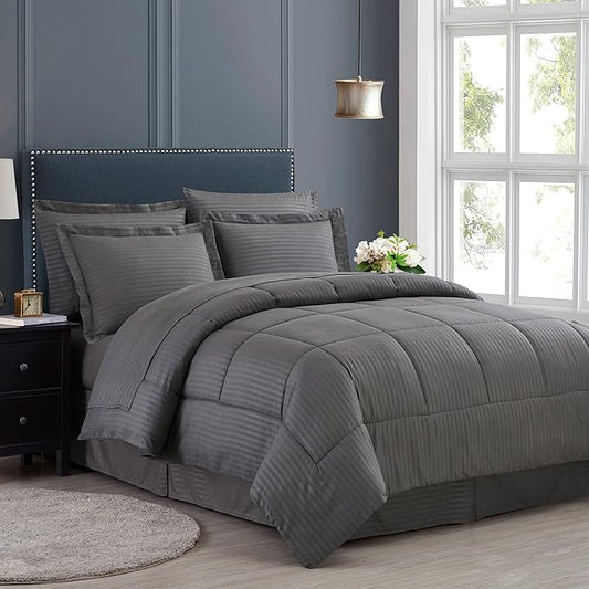 King Size Comforter Set 8 Piece Bed in a Bag with Bed Skirt, Fitted Sheet, Flat Sheet, 2 Pillowcases, 2 Pillow Shams, King, Dobby Gray