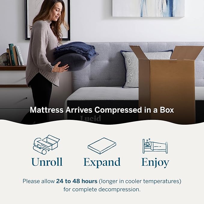 Lucid 14 Inch Memory Foam Mattress - Medium Firm Feel - Infused with Refreshing Bamboo Charcoal and Cooling Gel - Bed in a Box - Temperature Regulating - Pressure Relief - Breathable - Queen Size
