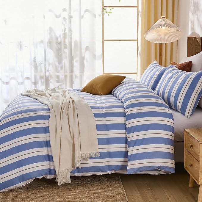 Merryword Blue and White Striped Duvet Cover Set Queen Size 100% Cotton Bedding Set with Modern Coastal Style Soft Breathable Linen Like Bedding Set 3 Pieces