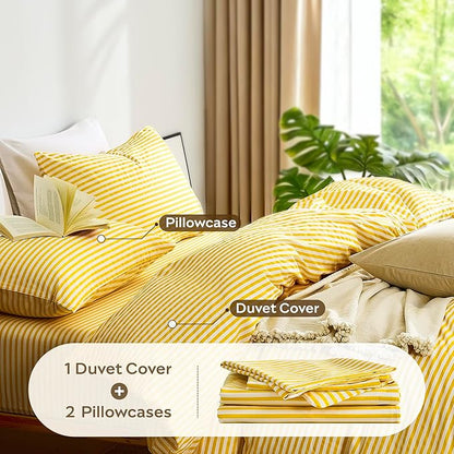 JELLYMONI 100% Natural Cotton 3pcs Striped Duvet Cover Sets,Yellow with White Stripes Pattern Printed Comforter Cover,with Zipper Closure & Corner Ties(King Size)