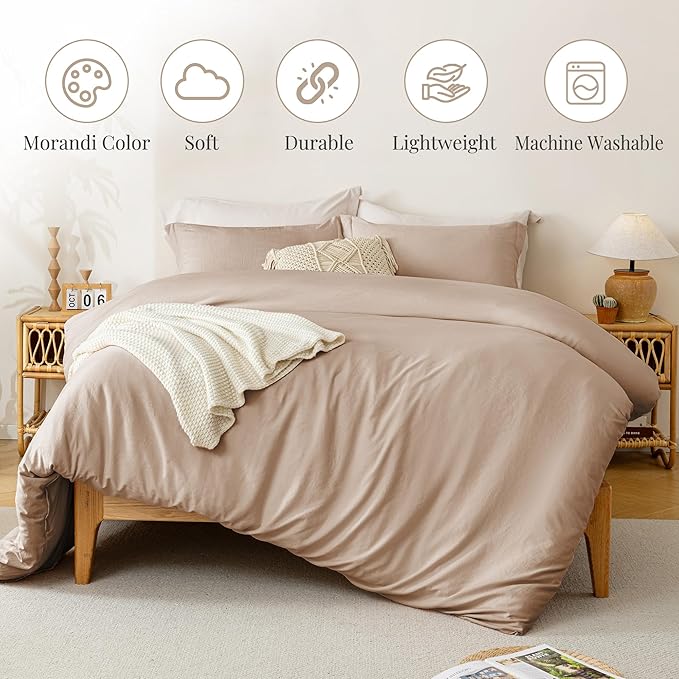 MILDLY Super Soft Duvet Cover 2pcs - 100% Washed Microfiber Rugby Tan Comforter Cover Set with Zipper Closure & Corner Ties (No Comforter)
