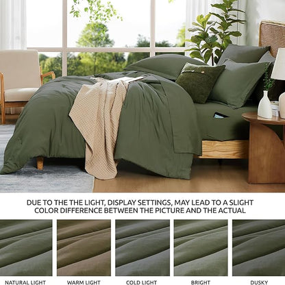WRENSONGE Oversized Queen Comforter Set - 7 Pieces Olive Green Bed in a Bag Queen with Sheets, 2 Pillow Shams, and 2 Pillowcases- Warm Bedding Sets Queen for All Season