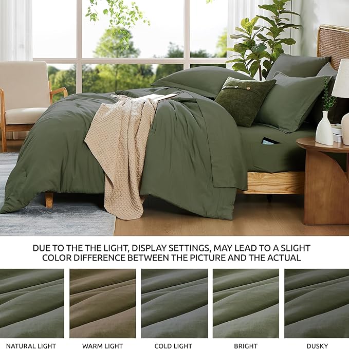 WRENSONGE Queen Comforter Set- 7 Pieces Soft Olive Green Bed in a Bag with Fitted Sheet, Flat Sheet, 2 Pillow Shams, and 2 Pillowcases- Warm Bedding Sets Queen for All Season