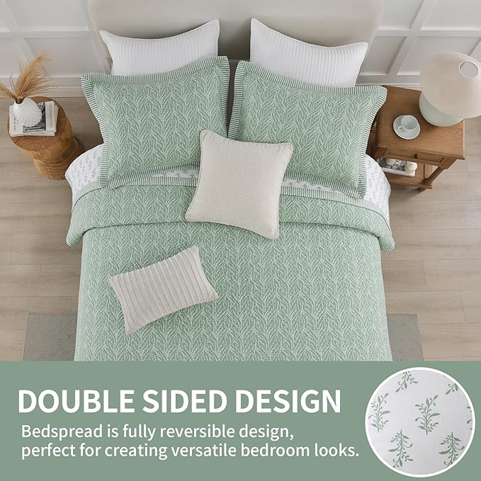 SahSahCasa Quilt Set Queen Size, 100% Cotton Quilt Bedding Set Bedspread, Botanical Pattern Solid Color Chic Lightweight Quilted Comforter for Queen Bed, White/Green, All Season, 3 Pieces