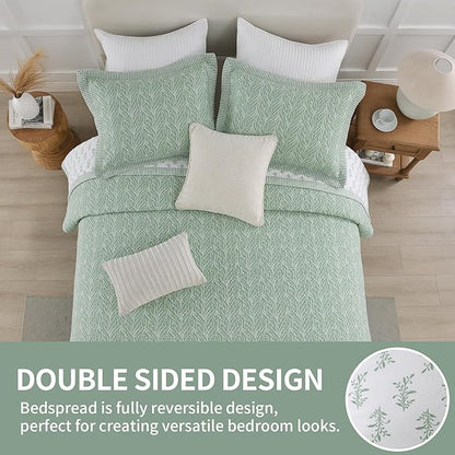 SahSahCasa Quilt Set Queen Size, 100% Cotton Quilt Bedding Set Bedspread, Botanical Pattern Solid Color Chic Lightweight Quilted Comforter for Queen Bed, White/Green, All Season, 3 Pieces