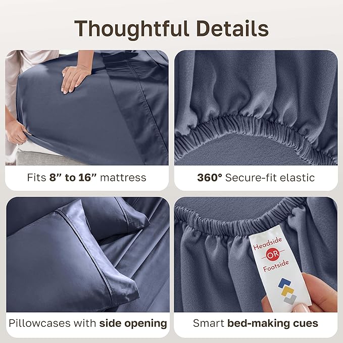California Design Den Natural 100% Cotton Sheets for Queen Size Bed - Soft 400 Thread Count Sateen, Deep Pockets with All Around Elastic for a Snug Fit, Durable Bedding - Indigo Dusty Blue