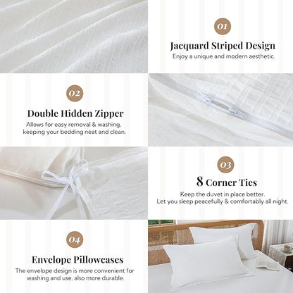 MILDLY White Striped Duvet Cover - 100% Washed Cotton Jacquard Textured Comforter Cover with Dual Zipper Closure & 8 Coner Ties
