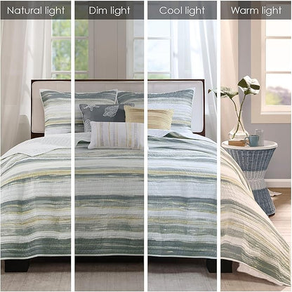 Madison Park Quilt Set Cottage Coastal Design, 6 Piece Set - All Season, Coverlet Bedspread Lightweight Bedding Layer, Shams, Toss Pillows, Full/Queen(90 in x 90 in), Yellow/Grey