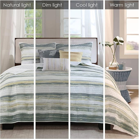 Madison Park Quilt Set Cottage Coastal Design, 6 Piece Set - All Season, Coverlet Bedspread Lightweight Bedding Layer, Shams, Toss Pillows, Full/Queen(90 in x 90 in), Yellow/Grey