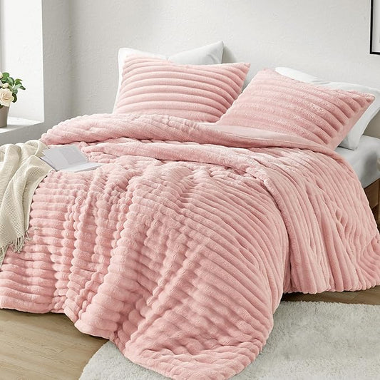 Intelligent Design Queen Comforter Set, Cozy Plush Bedding, Microfiber Reverse, 3 Piece, Lightweight, Super Soft Ribbed Velvet Comforter 2 Shams, All Season Fluffy Bed Set, Avril, Full/Queen Pink