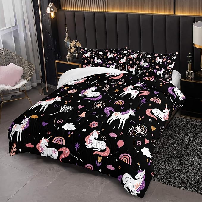Unicorn 3 Piece Girl Bedding Set King Size,Black 3 Pieces Bedding Set for Girls Kids,Unicorn Comforter Set Girls Room Decor,Rainbow Clouds Star Quilt Set (1 Comforter 2 Pillowcase),All Seasons