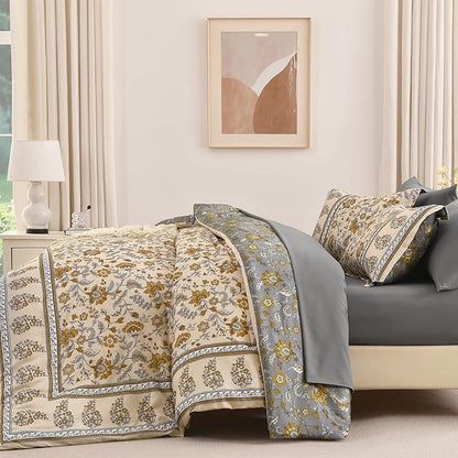 Dinjoy Comforter Set King Size Boho, Reversible Beige Bedding Paisley Floral 7 Piece Bed in a Bag Soft Lightweight Bohemain Comforters with Sheet Sets for All Season