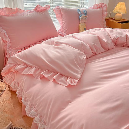 MOOWOO Chic Ruffle Lace Polyester Duvet Cover Set -Girl Pink Bedding-3 Piece Queen Duvet Cover with Zipper Closure -Ultra Soft and Light Weight (Pink, Queen)