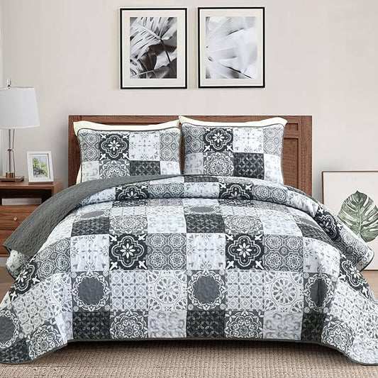 Dobuyly Grey Black Quilt Set Full Size, Boho Plaid Patchwork Bedspreads Coverlet Set, 3 Pieces Soft Lightweight Microfiber Farmhouse Quilt Bedding Set for All Seasons 78"x90"