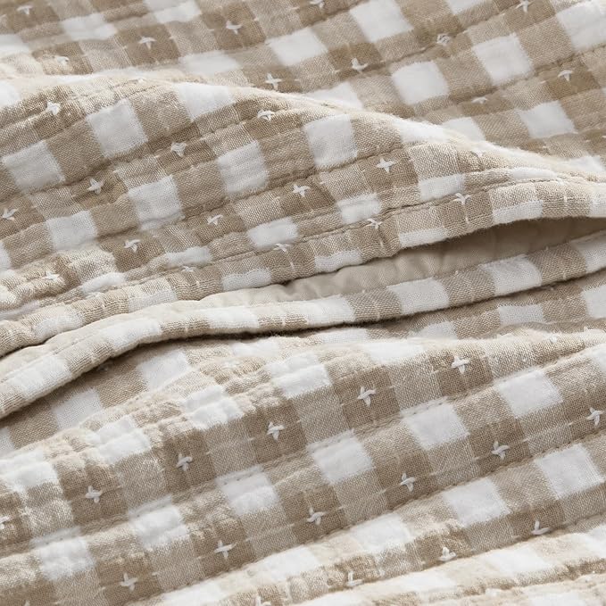 Levtex Home - Camden Gingham Stitch Taupe Quilt Set - Twin Quilt (68x86in) and 1 Standard Sham (20x26in) - Textured Gingham - Taupe and Cream - Reversible - Cotton | Textured