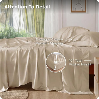 Bedsure King Size Sheet Set, Cooling Sheets, Rayon Derived from Bamboo, Deep Pocket Up to 16", PureWoven, Breathable & Soft, Bed Sheets, Hotel Luxury Silky Bedding for Hot Sleepers, Beige