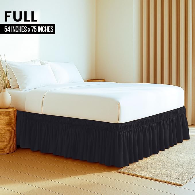 Wrap Around Ruffle Full Size Bed Skirt – Adjustable Buckle & Elastic Belt for Easy Installation, 16 Inch Drop – Brushed Microfiber - Machine Washable, Fade and Wrinkle Resistant, Black