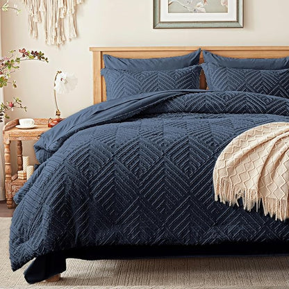 Zzlpp Queen Comforter Set 7 Pieces, Navy Blue Tufted Bed in a Bag with Comforter and Sheets,All Season Boho Bedding Sets with Comforter, 2 Pillow Shams, 2 Pillowcases, 1 Flat Sheet, 1 Fitted Sheet