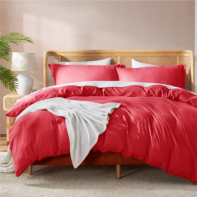 Nestl Red Duvet Cover Queen Size - Soft Double Brushed Queen Duvet Cover Set, 3 Piece, with Button Closure, 1 Duvet Cover 90x90 inches and 2 Pillow Shams